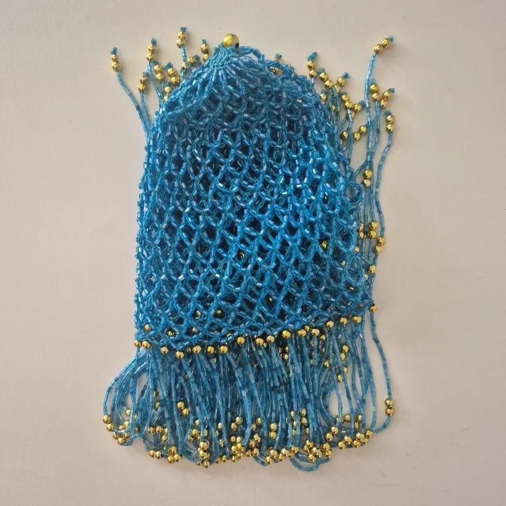 Egyptian Cleopatra Flapper Turquoise Gold Beaded Crochet Head Cap Costume Piece